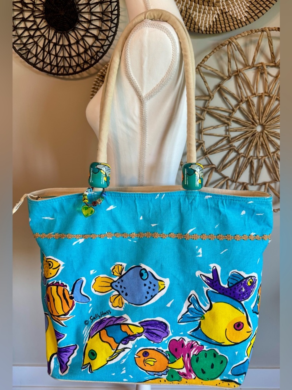 Sally HussTurquoise Fish-Print Canvas Beach Bag with Rope Handles